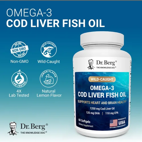 Miniatura 2 de Dr. Berg Aceite de hígado de bacalao Omega-3 de máxima potencia (1250 mg) de bacalao capturado en la naturaleza - Aceite de pescado Omega-3