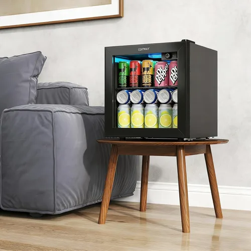 Miniatura 4 de COSTWAY Refrigerador de bebidas, 1.3 pies cúbicos, 12 botellas y 55 latas, mini refrigerador con puerta de vidrio templado, estante extraíble