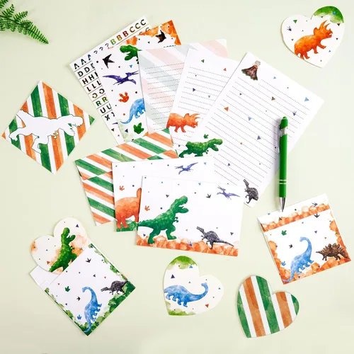WERNNSAI Juego de 69 cartas y sobres de papelería, dinosaurio para niños, papel de escritura y sobre, regalos de cumpleaños de Navidad para niños