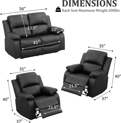 Miniatura 2 de Faux Leather Manual Recliner Sofa Set, 3 Piece Living Room Furniture Set, Loveseat Reclining Couch and 2 Recliner Chairs for RV Home Theater (Black)