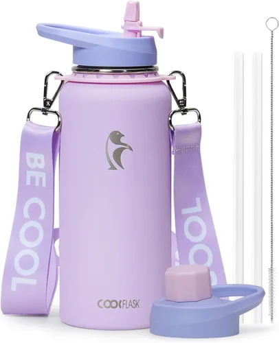 Miniatura 22 de Botella de agua Coolflask de 40 onzas con correa, botella de agua metálica aislada con popote y tapas con pico, acero inoxidable de doble pared al