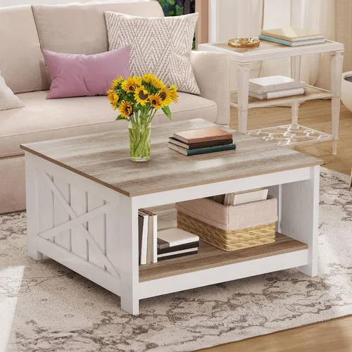 Mesa de café cuadrada DWVO para sala de estar, mesa de café de casa de campo con almacenamiento, mesas de café de madera de 2 niveles mesa central