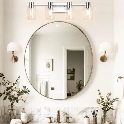 Miniatura 7 de Lámparas de tocador modernas de 4 luces sobre el espejo, lámparas de baño cromadas, luces de tocador, aplique de pared con pantalla de vidrio Cromo