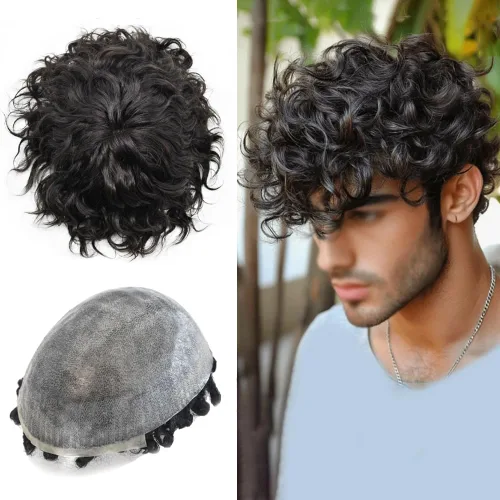 Miniatura 11 de Afro Toupee para hombres Unidades de cabello humano real para hombres negros inyectado PU Toupee afroamericano para hombre postizo rizado sistema
