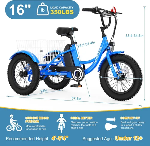 Miniatura 2 de NAIZEA Bicicleta eléctrica para niños, triciclo de 16 pulgadas para niños y niñas de 6 a 12 años, bicicleta eléctrica para niños de 250 W, bicicleta