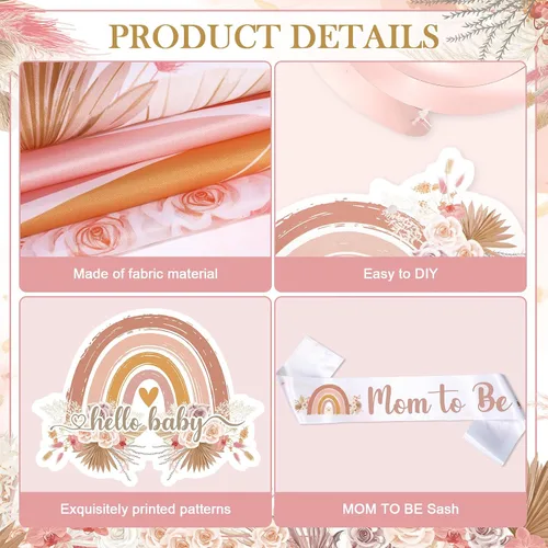 Miniatura 7 de Decoraciones de baby shower estilo bohemio rosa para niña, A Little Ray of Sunshine is Almost Here Boho Rainbow Welcome Baby Banner telón de fondo