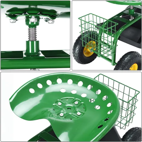 Miniatura 7 de Giantex Asiento de trabajo de jardín rodante, asiento de trabajo de jardinería giratorio 360 con ruedas, cesta de herramientas, altura ajustable