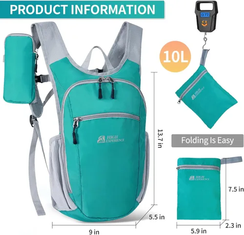 Miniatura 3 de Mochila de senderismo de 10L/15L, pequeña, ligera, plegable, para viajes, resistente al agua, para mujeres y hombres (Verde Lago, 10L)