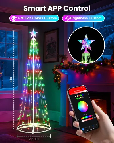Miniatura 2 de Paquete de 2 Luces Inteligentes de Árbol de Navidad en Forma de Cono - Árbol Artificial de 5 Pies con 130 LED y 6 Pies con 154 LED con Estrella