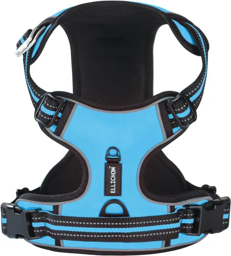 Arnés sin tirones para perro, con 3 hebillas a presión, arnés frontal sin estrangulamiento, chaleco acolchado suave reflectante y ajustable para Azul