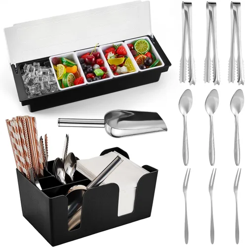 Miniatura 9 de Tessco for you Bandeja de Guarnición con Tapa Organizador de Bar Contenedor de Condimentos Refrigerado con Hielo con Cuchara para Hielo Pinzas