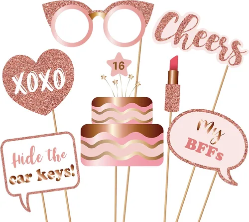 Miniatura 5 de Accesorios y letreros para cabina de fotos de fiesta de cumpleaños número 16, color oro rosa, kit de accesorios para selfies con palos para niñas