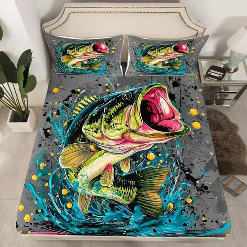 Miniatura 45 de Erosebridal Fishing Fitted Sheet Twin for Boys, Big Pike Fish Black Bed Sheets for Rustic Farmhouse Lake House Decor, Fishing Bedding Set Marine