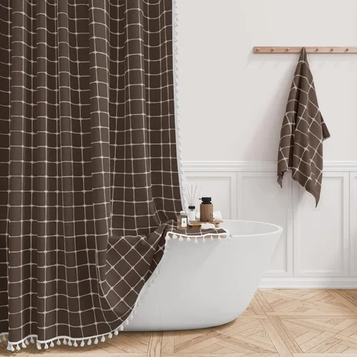 Miniatura 37 de BTTN Juego de cortinas de ducha estilo bohemio de granja con borlas, tela rústica de lino resistente, repelente al agua, cortinas de ducha gruesas A