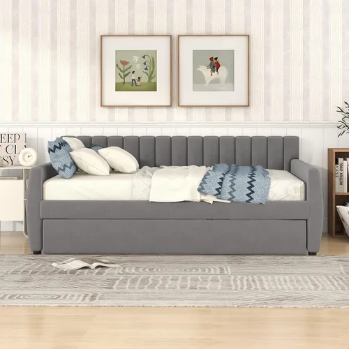 Miniatura 3 de SOFTSEA Sofá cama matrimonial con nido, sofá cama tapizado de terciopelo con respaldo vertical copetudo para sala de estar, dormitorio, no necesita
