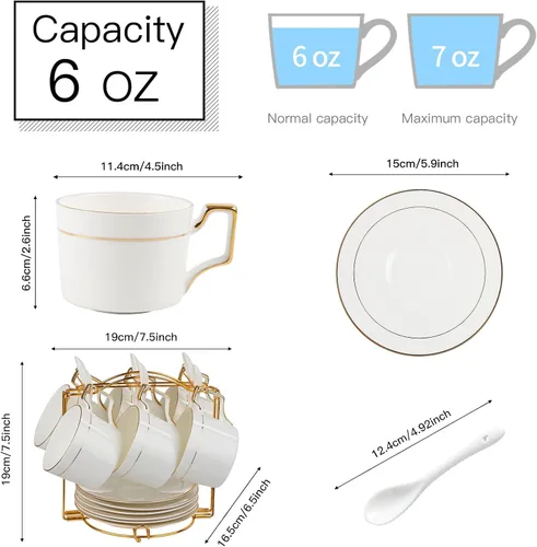 Miniatura 3 de Juego de tazas de té y platillos de porcelana, tazas de té de 6 onzas con borde dorado, tazas de café blancas y tazas con soporte para capuchino