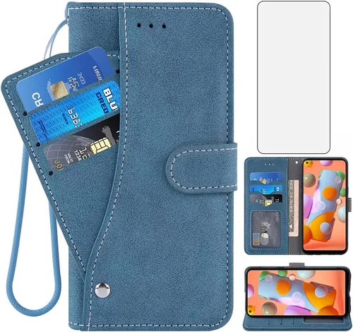 Asuwish Compatible con Samsung Galaxy A11 / M11 - Funda tipo cartera y protector de pantalla de vidrio templado, soporte para tarjetas de crédito,