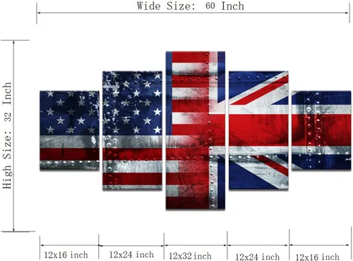 Miniatura 7 de Arte de pared de concepto patriótico, pintura de bandera estadounidense y británica, lienzo de estrellas y rayas, 5 paneles, arte moderno americano