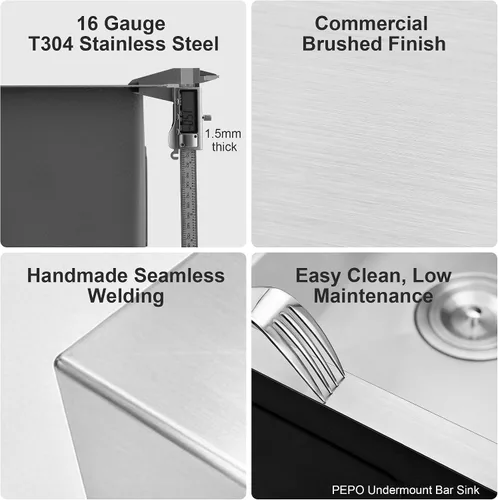 Miniatura 9 de Fregadero de Bar - PEPO Fregadero de Cocina Bajo Encimera de 13 x 15 Pulgadas, Fregadero de Cocina Pequeño de Una Sola Cubeta de Acero Inoxidable