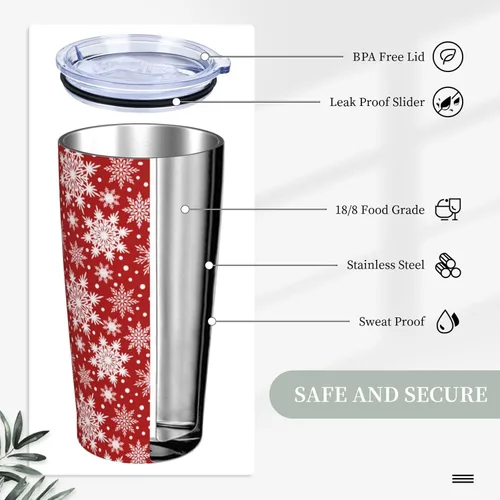 Miniatura 3 de Perinsto Vaso de viaje de 20 onzas con tapa y pajilla, diseño de copos de nieve de invierno, vaso de acero inoxidable rojo, taza de café aislada