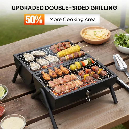 Miniatura 2 de VINGLI Parrilla de carbón portátil de doble cara, mango de madera, bolsa de almacenamiento, multifuncional de metal compacto de mesa para barbacoa