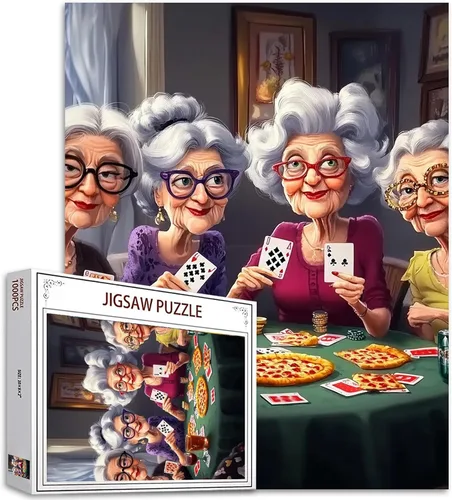 Rompecabezas de mujer vieja de 1000 piezas para adultos, familias (niña, dama, pizza, naipe, vino tinto, amigas) piezas que encajan perfectamente