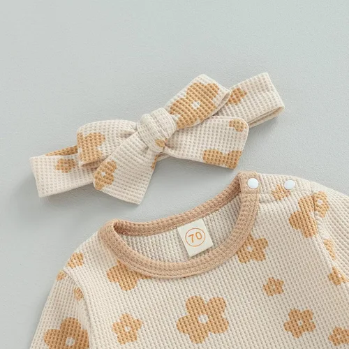 Miniatura 10 de Ropa de bebé recién nacida, sudadera floral de manga larga, mameluco con volantes, diadema de gofre, traje de otoño de una pieza