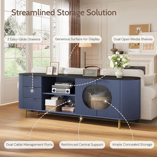 Miniatura 3 de Soporte de TV curvado de 69 pulgadas con puertas acrílicas onduladas y gran almacenamiento, consola multimedia moderna para televisores de hasta 80