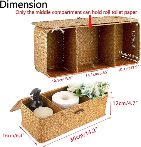 Miniatura 2 de Cesta de almacenamiento Hipiwe de seagrass con tapa, cestas de estante tejidas rectangulares para armarios, despensa, baño, estante de cocina