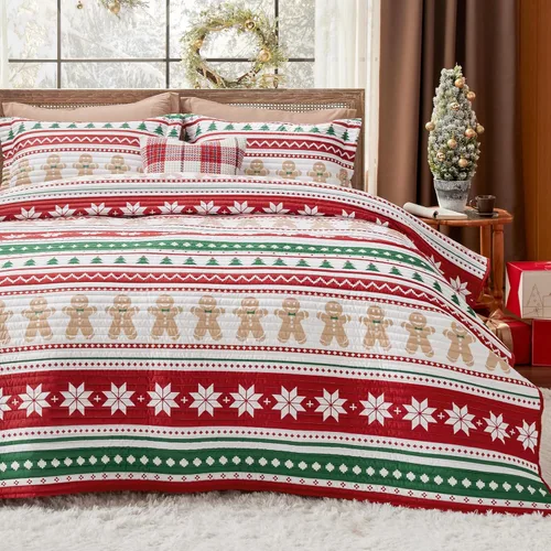 Miniatura 9 de Bedsure Edredón de Navidad tamaño Queen, edredón rojo para cama tamaño Queen, ropa de cama de Navidad con patrón de rayas de hombre de jengibre - 16