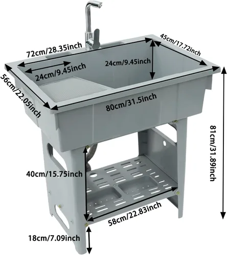 Miniatura 4 de Fregadero de plástico independiente con tabla de lavadero, lavabo para lavandería, lavabo con grifo caliente y frío para garaje, sótano, jardín