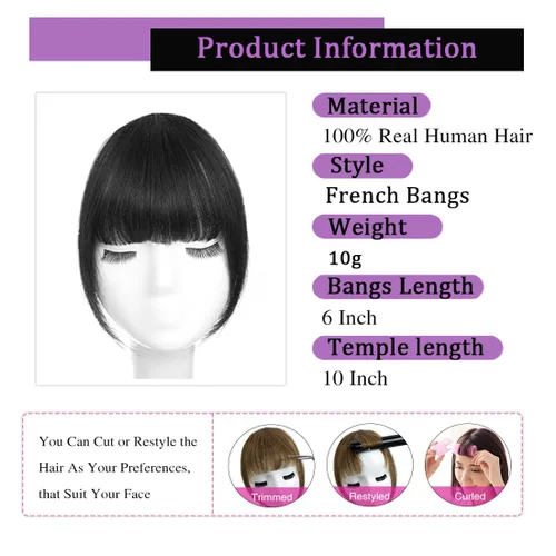 Miniatura 3 de Flequillo con clip de cabello humano real, flequillo rubio francés, extensiones de cabello para mujer, flequillo plano y ordenado, extensión