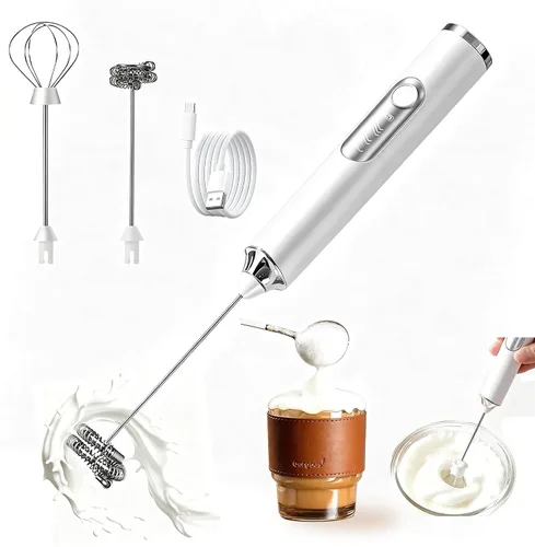 Espumador de leche de mano, varita espumadora de café recargable con 2 batidores de acero inoxidable 3 velocidades, mezclador de bebidas, máquina de