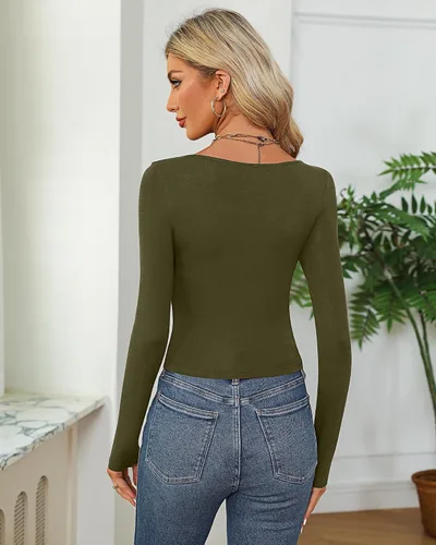 Miniatura 3 de 3 piezas de camisetas cortas básicas de manga larga para mujer, ajustadas, cuello redondo, color liso, casual, para mujer