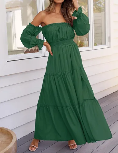 Miniatura 66 de ZESICA - Vestido largo, bohemio y sexy, con hombros descubiertos y manga larga fruncida, con elástico fruncido, cintura alta y abertura lateral
