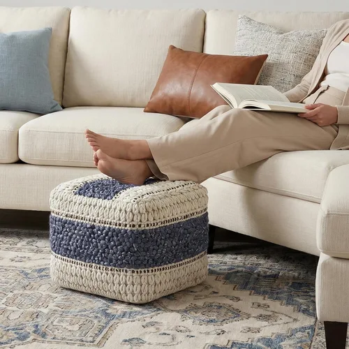 Miniatura 2 de SIMPLIHOME Grady Puf cuadrado – 18 pulgadas de ancho x 14 pulgadas de alto lana y algodón tejido a mano otomano en azul y natural, reposapiés
