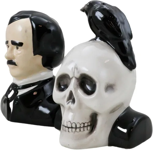 Miniatura 7 de Ebros Gift Poeta gótico Edgar Allen Poe con cuervo negro en el cráneo decorativo de cerámica salero y pimentero Figuritas Quoth The Raven Nevermore