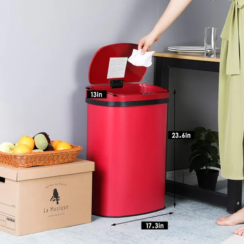 Miniatura 7 de Cubo de basura para cocina de 13 galones (50 litros) con tapa, sensor automático, sin tocar, acero inoxidable, para baño, dormitorio, oficina en Rojo