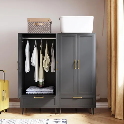 Miniatura 7 de Armario Morden para dormitorio, armario con barra para colgar, 60 pulgadas, 2 puertas, para ropa con cajones, armario de almacenamiento Morden, Negro