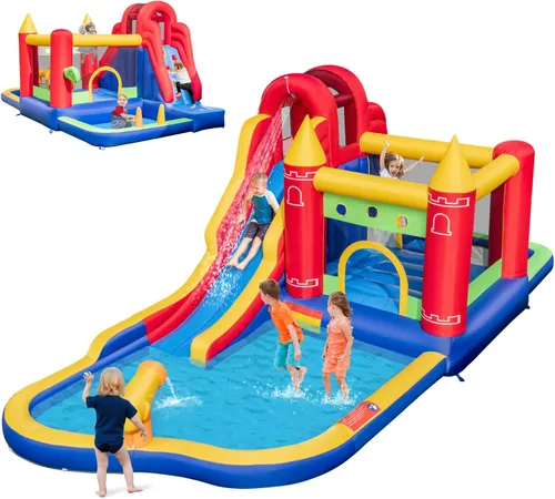 HONEY JOY Tobogán acuático inflable, casa de rebote de tobogán acuático 9 en 1 con piscina de salpicaduras, tobogán largo, pozo de bolas con 50