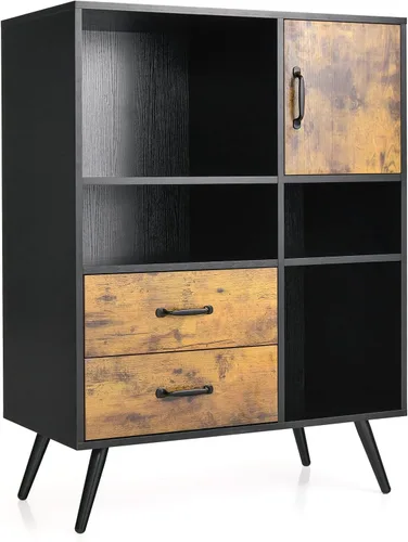 Miniatura 9 de Giantex Armario de buffet con almacenamiento, aparador de cocina industrial con 2 cajones grandes, armario de 4 cubos, armario de mediados de siglo