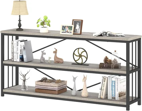 Miniatura 12 de IBF - Librero bajo rústico de 3 niveles, estantería industrial horizontal de madera, estantería larga y ancha de estilo granja de metal, estantería