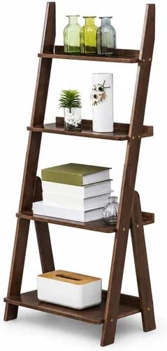 Miniatura 8 de Maydear - Estantería de escalera de bambú, estantería inclinada de 4 niveles, organizador de almacenamiento independiente para sala de estar, Nogal