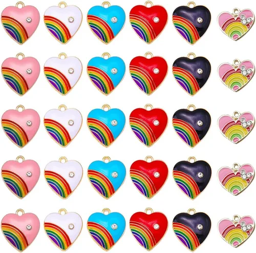 Dijes de corazón de arco iris, colgantes de esmalte de corazón de colores mixtos con diamantes de imitación, 30 piezas para hacer joyas, collares,