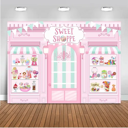 Miniatura 8 de Mocsicka Sweet Shoppe Telón de Fondo Salón de Postres para Decoraciones de Fondo de Fiesta de Cumpleaños de Niña Decoración de Mesa de Pastel de Azul