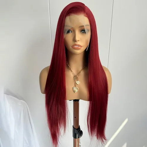 Miniatura 5 de RONGDUOYI RDY - Pelucas largas y sedosas con encaje frontal para mujer, pelucas sintéticas de color rojo vino prearrancadas de 24 pulgadas con línea
