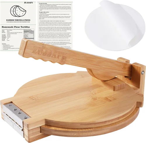 ZUJJAFY Prensa para Tortillas de Bambú de 10 Pulgadas con 100 Papeles de Pergamino, Prensadora de Tortillas Mexicana Tortillera Casera Pataconera