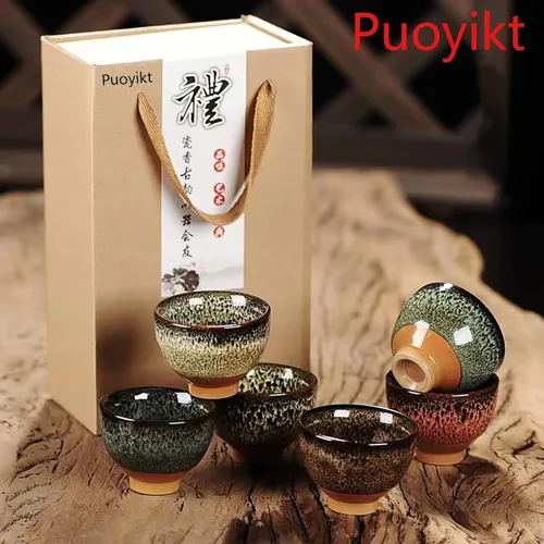 Miniatura 2 de Juego de té Kung Fu de cerámica de 6 piezas, taza de té japonesa, taza de sake, capacidad de 2.1 onzas, 6 colores Marrón oscuro