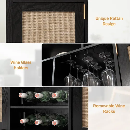 Miniatura 6 de SICOTAS - Gabinete de barra de café de ratán, aparador de buffet de 51" con almacenamiento, gabinete de licor moderno con estantes para vino