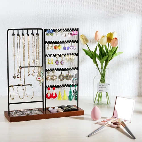 Miniatura 5 de Vtopmart Soporte organizador de joyas para aretes, collares, anillos, pulseras, exhibición y almacenamiento, con 90 agujeros, 12 ganchos, negro +